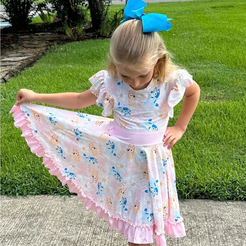 Bluey Bingo Ruffle Bow Back Twirl Girls Dress